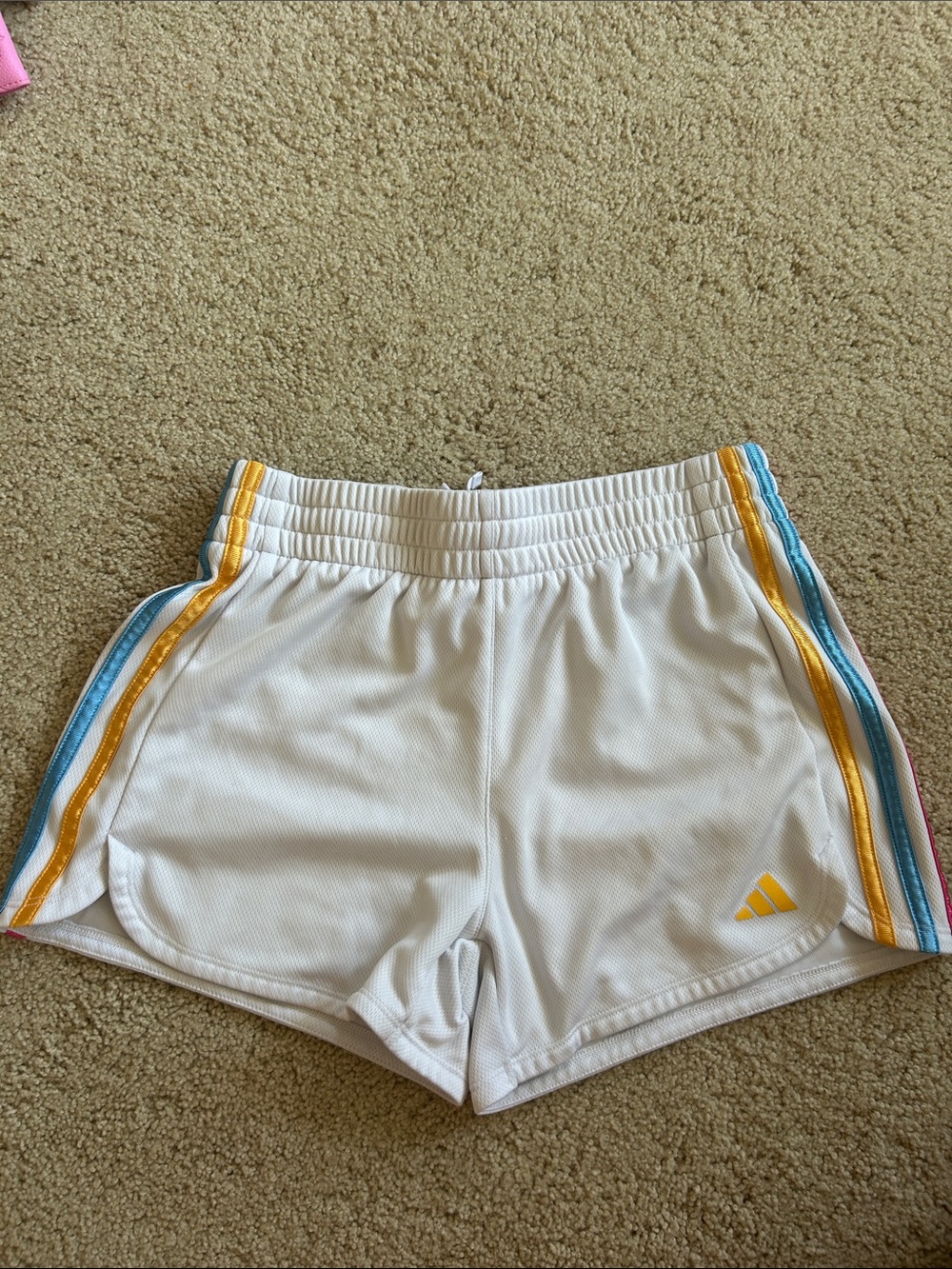 adidas White Athletic Shorts with Yellow & Teal Side Stripes